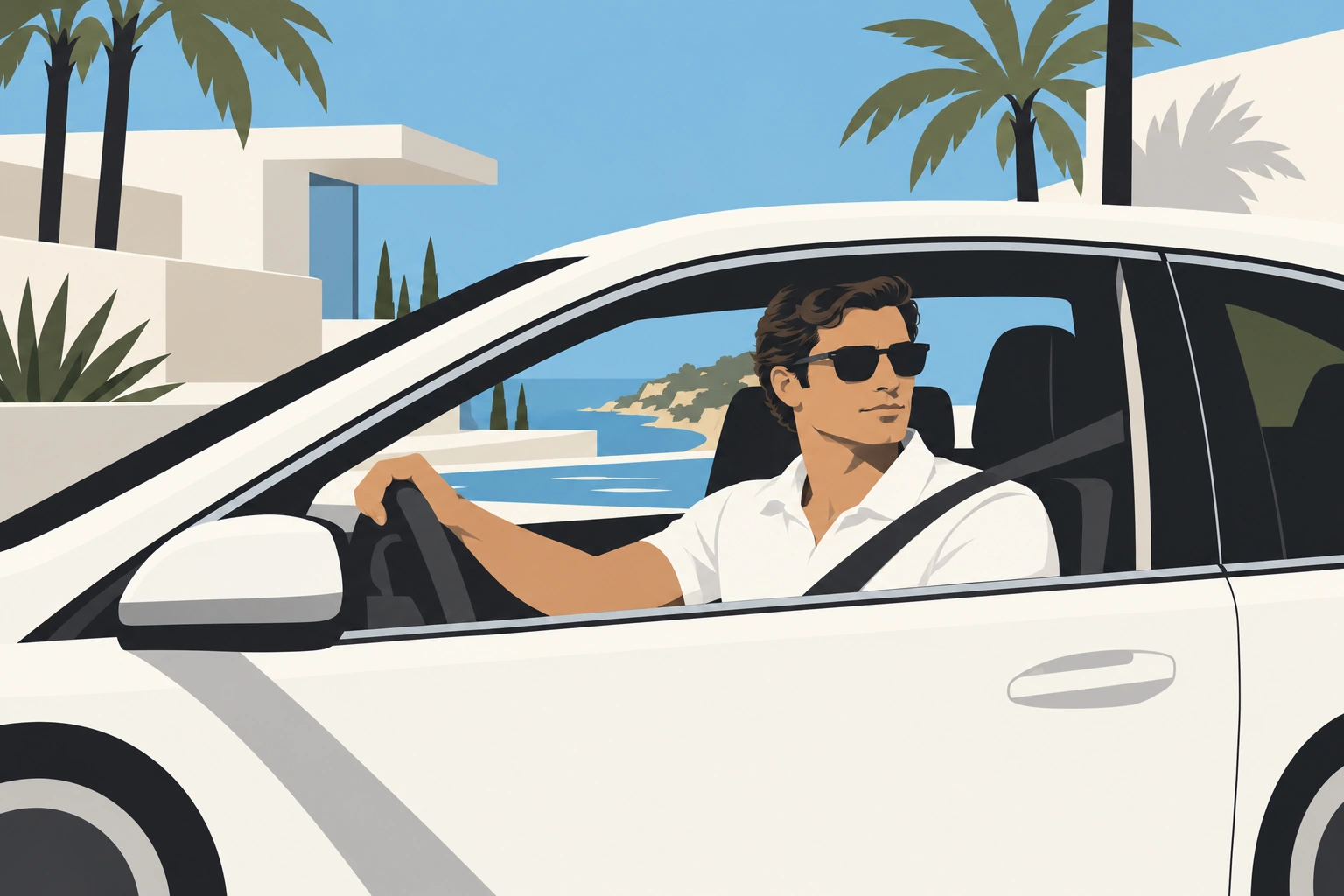 Illustration d’un chauffeur au volant, dans une lumière d’été
