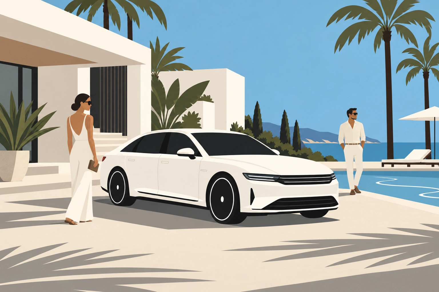Illustration estivale : une berline blanche devant une villa moderniste bordée de palmiers