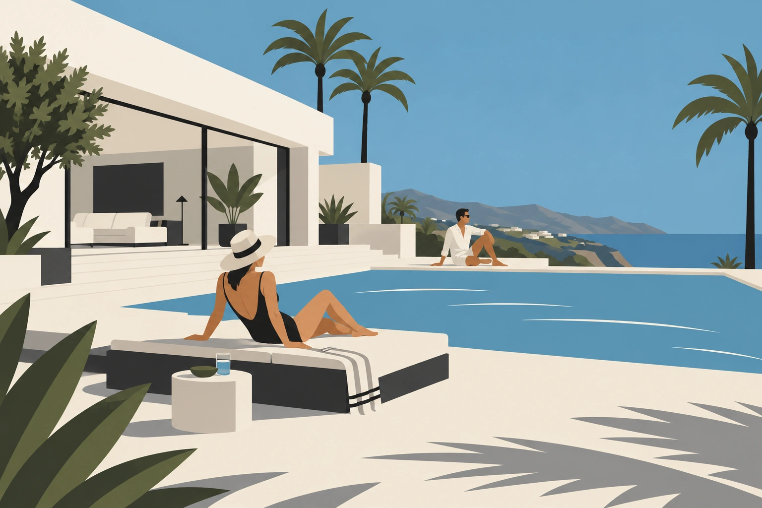 Illustration d’une piscine géométrique, d’une villa blanche et de personnes profitant du soleil